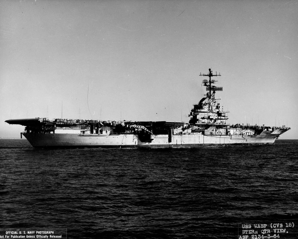 Starboard quarter view of USS Wasp, off Boston, Massachusetts, United States, Mar 1964