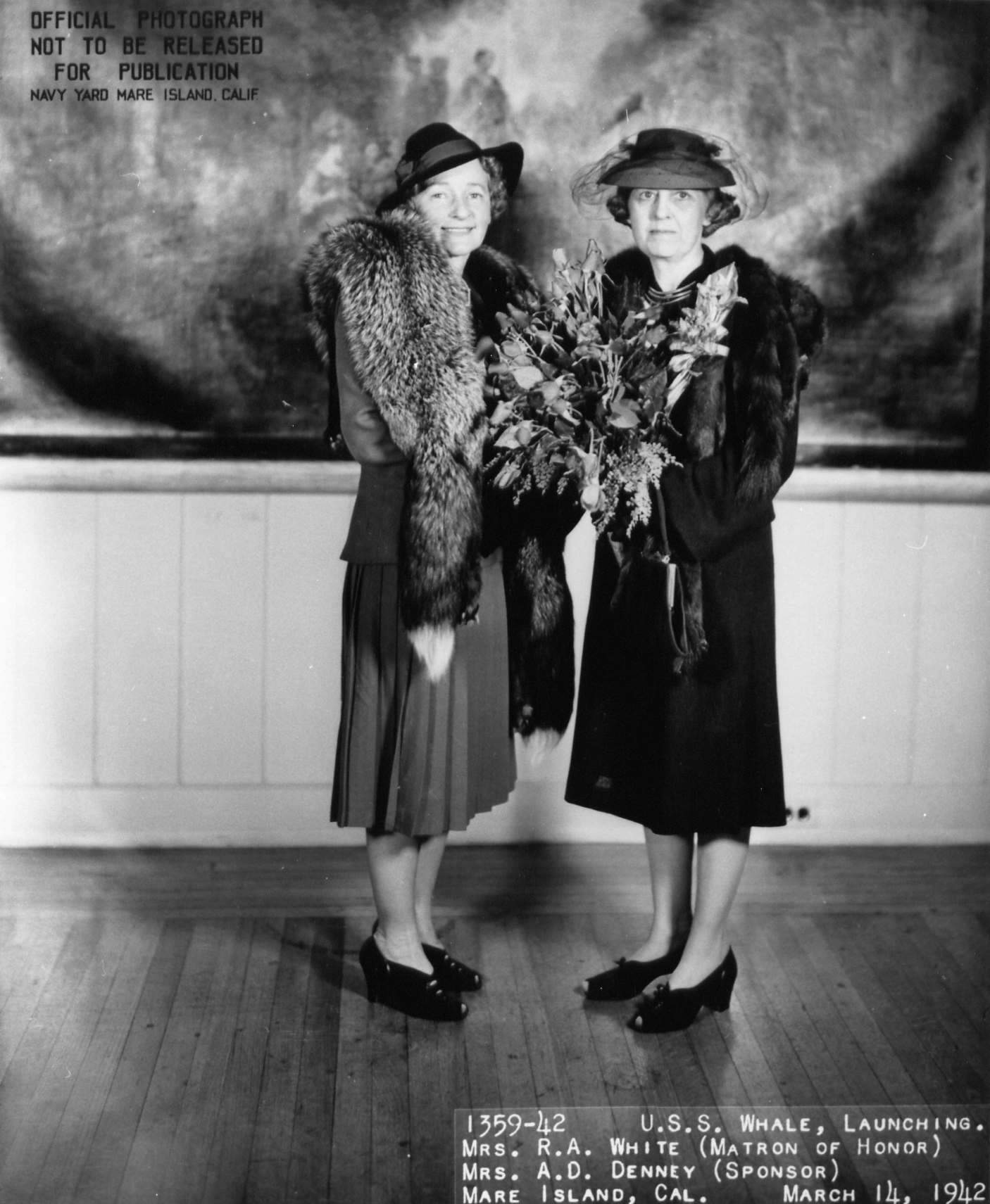 Mrs. R. A. White (Matron of Honor) and Mrs. A. D. Denney (Sponsor) at the launching of submarine Whale, Mare Island Navy Yard, Vallejo, California, United States, 14 Mar 1942