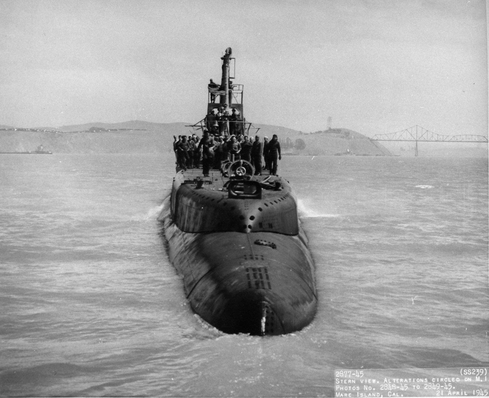 Stern view of USS Whale off Mare Island Navy Yard, Vallejo, California, United States, 21 Apr 1945