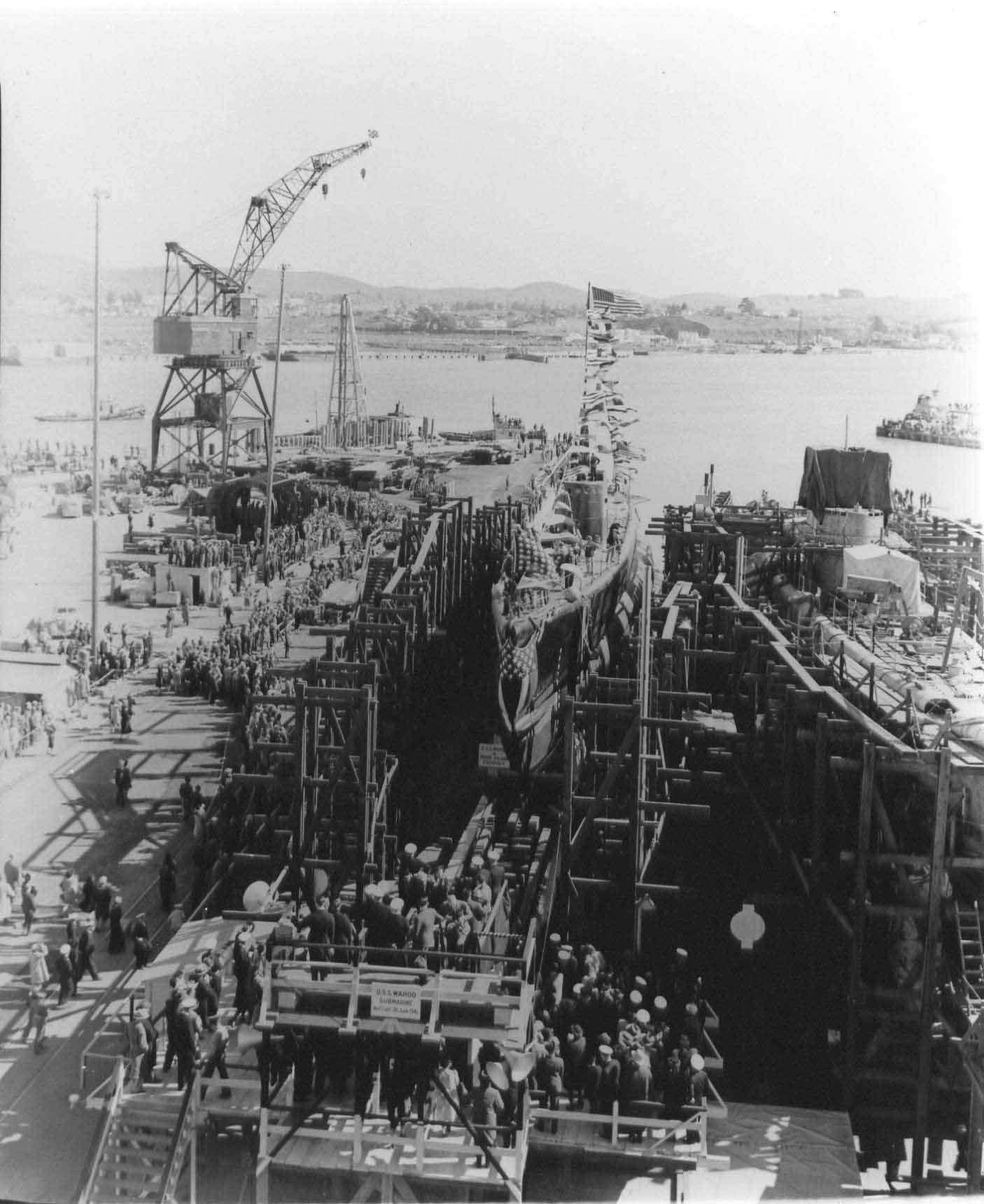 Launching of submarine Wahoo, Mare Island Navy Yard, Vallejo, California, United States, 14 Feb 1942, photo 2 of 4; note submarine Whale nearby