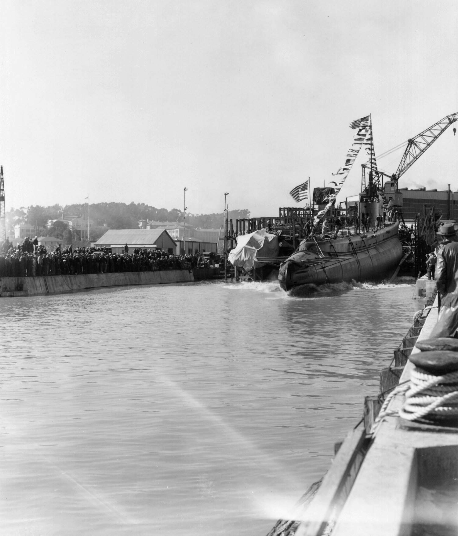 Launching of submarine Wahoo, Mare Island Navy Yard, Vallejo, California, United States, 14 Feb 1942, photo 4 of 4; note submarine Whale nearby