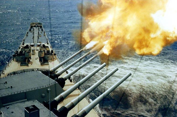USS Wisconsin firing his main guns at targets in Korea, 30 Jan 1952