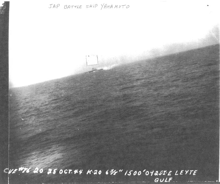Yamato in action off Samar, Philippine Islands, 25 Oct 1944; photo taken by aircraft of escort carrier USS Kadashan Bay
