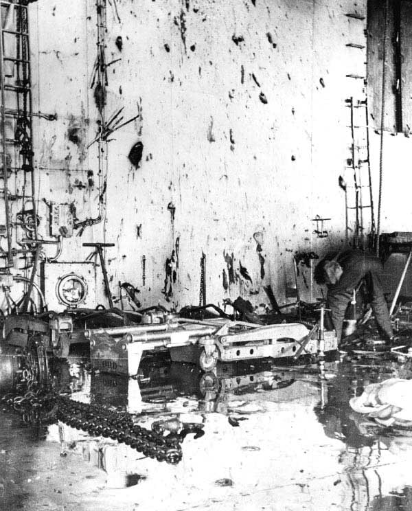 Bomb fragment damage in Yorktown's hangar, 4 Jun 1942