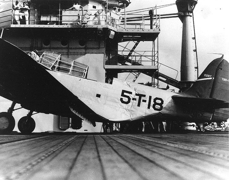 TBD-1 Devastator showing damage to fuselage after a landing accident on Yorktown, 3 Sep 1940