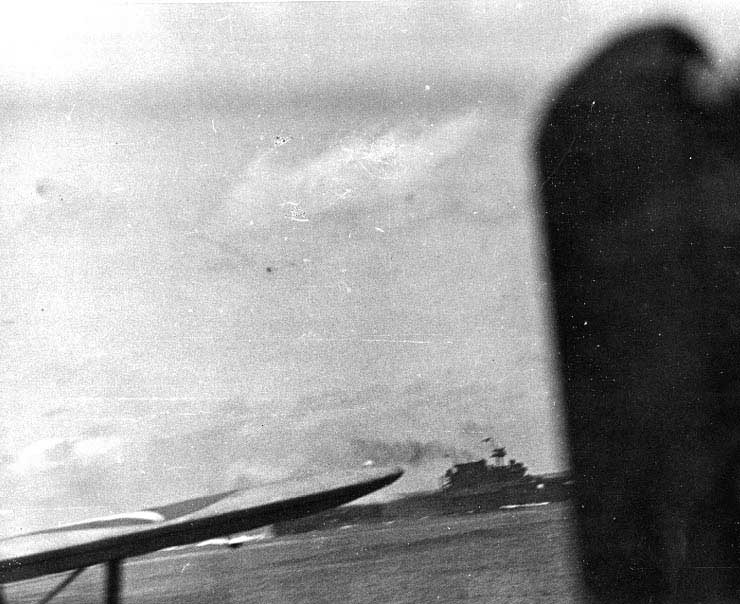 Yorktown under attack by dive bombers, seen from cruiser Portland, 4 Jun 1942