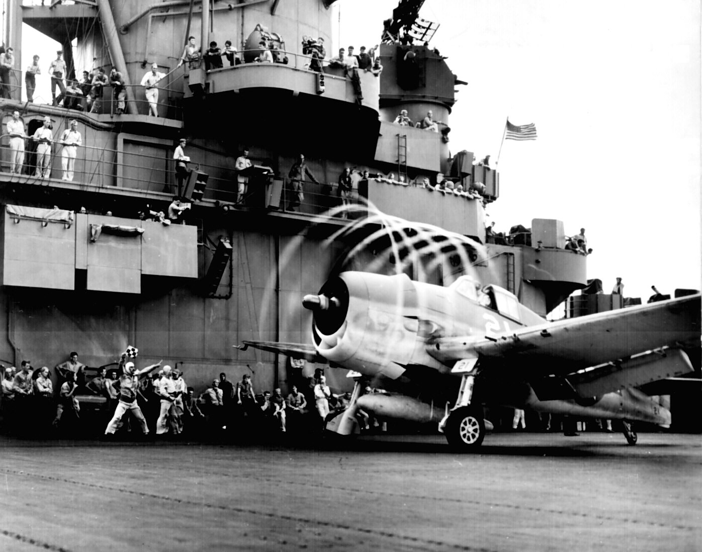 F6F Hellcat fighter of US Navy VF-5 preparing to launch off Yorktown (Essex-class) to attack a target in the Marshall Islands, 20 Nov 1943