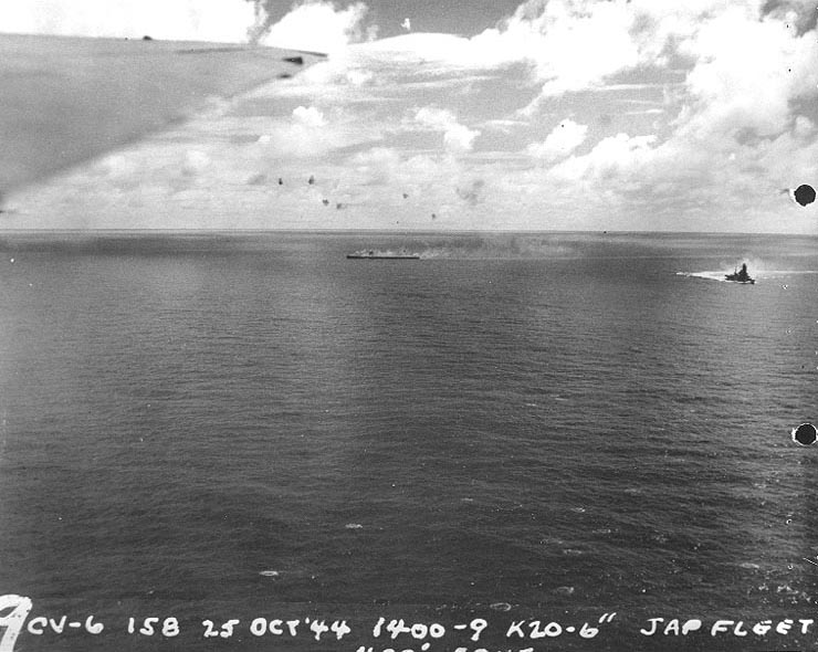 Zuikaku dead in the water, 25 Oct 1944; BB Ise at right of photo