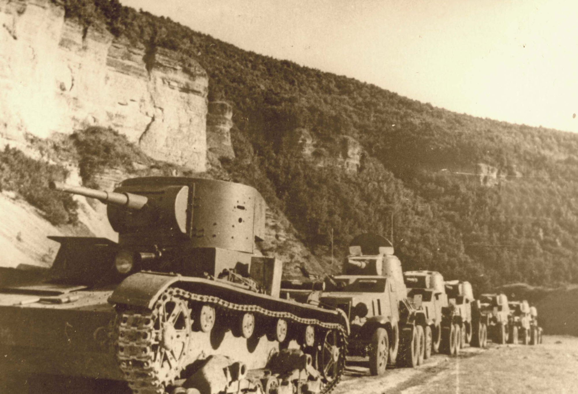 Soviet T-26 tank leading a column of BA-10 armored cars into Romania, circa late Jun 1940