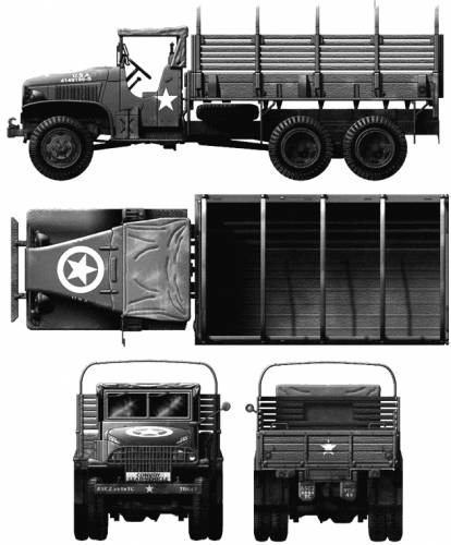 Technical drawing of GMC CCKW 2 1/2-ton 6x6 open cab long wheel base transport without winch, 1943 or later