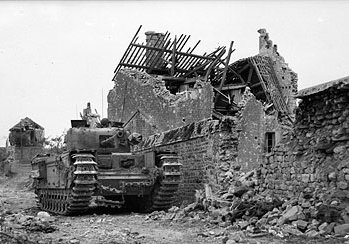 Churchill tank in the shattered village of Maltot, France, 26 Jul 1944