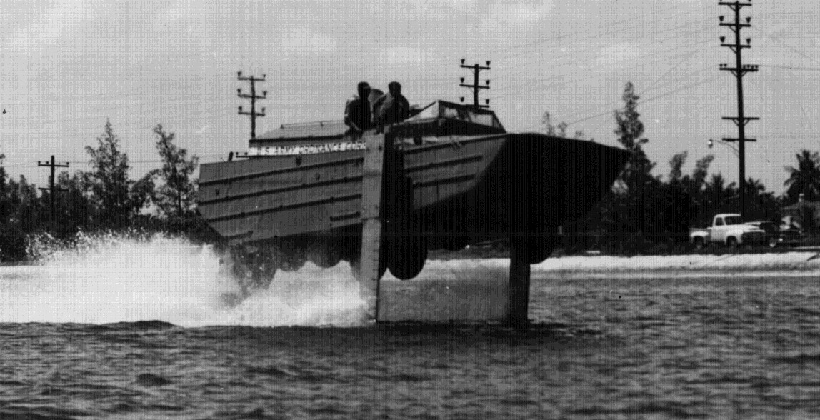 Surplus DUKW fitted with foils as a test platform for US Navy research into hydro-foil handling, 1957