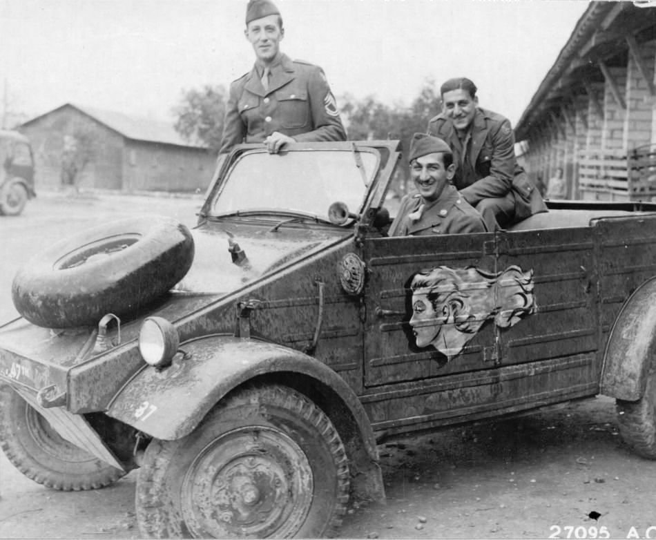 Members of the US 15th Army Air Force getting ready for some Rest and Recreation in a captured German Kübelwagen vehicle, Germany, 1945