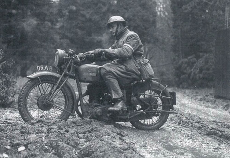 British Army dispatch rider on a BSA M20 motorcycle, date unknown