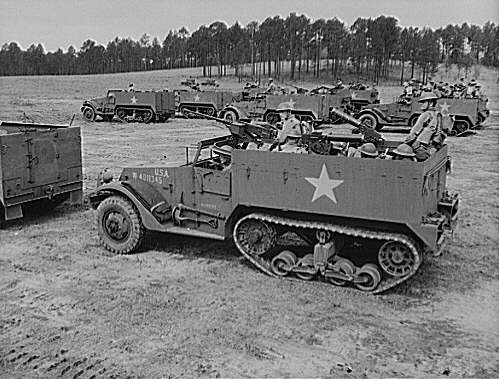 American crews of M2 Half-track vehicles training at Fort Benning, Georgia, United States, Apr-Jun 1942