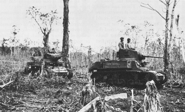 M3 light tanks of US 9th Marine Defense Battalion near the base of Bibilo Hill, Munda, New Georgia, Aug 1943