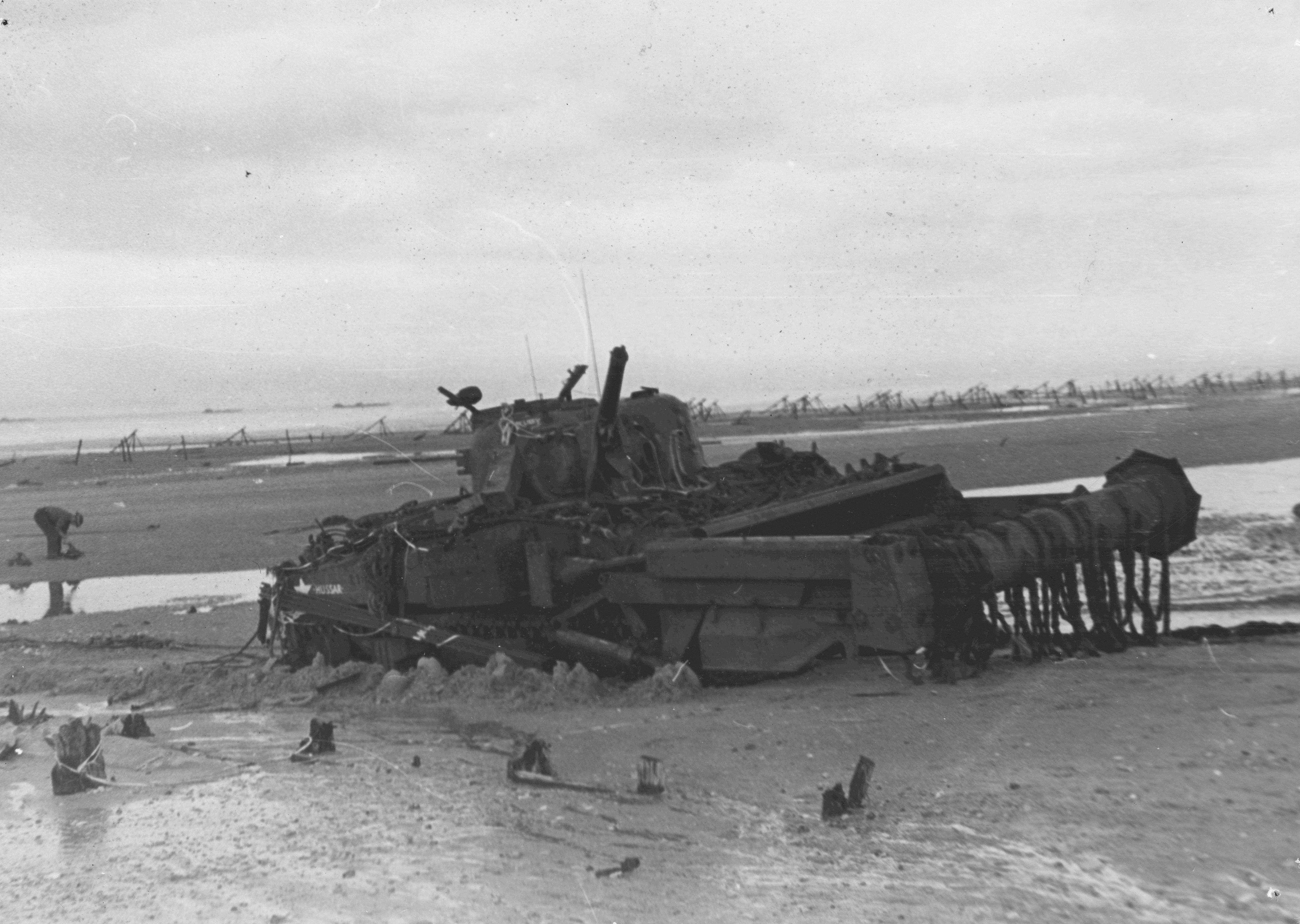 British flail tank on the Normandy beach, France, Jun 1944