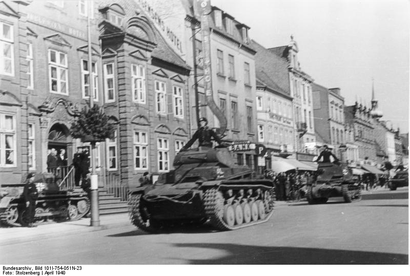 German Panzer II and Panzer I light tanks in Horsens, Denmark, Apr 1940