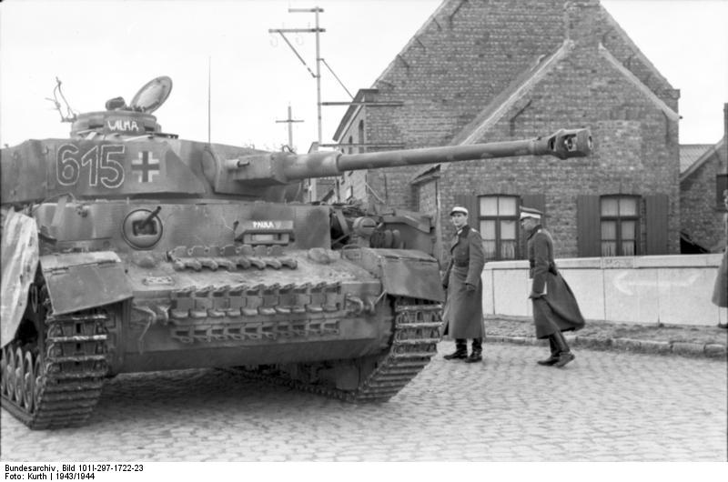 Panzer IV tank of the German 12th SS Panzer Division 'Hitlerjugend' in Belgium or France, operating under supervision of Army officers, 1943