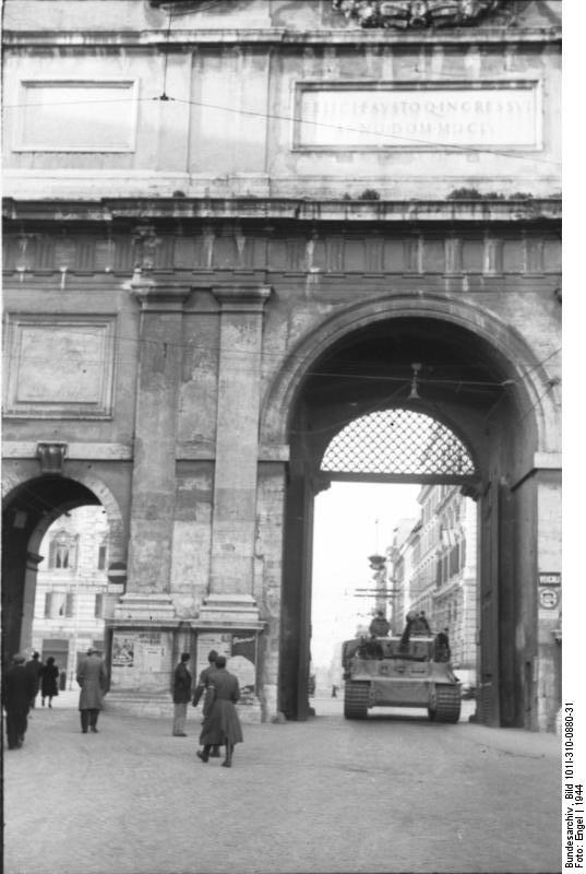 Tiger I tank of German Army Schwere Panzer-Abteilung 508 driving through the Porta del Popolo in Rome, Italy, 1944
