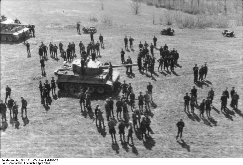 German officers and Tiger I heavy tanks of the 2nd SS Panzer Division 'Das Reich' during an inspection by Heinrich Himmler, near Kharkov, Ukraine, Apr 1943