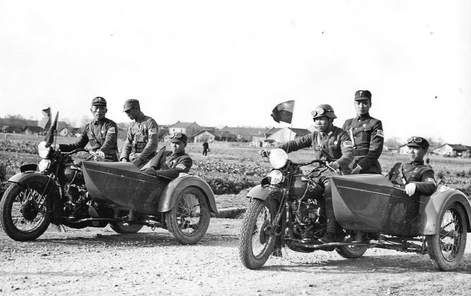Chinese Army RL 45 motorcycles with side cars, date unknown