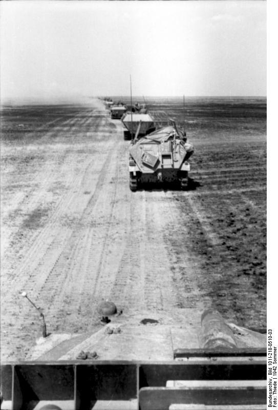SdKfz. 250 and SdKfz. 251 halftrack vehicles of the German 23rd Panzer Division on the move in Southern Russia, 21 Jun 1942