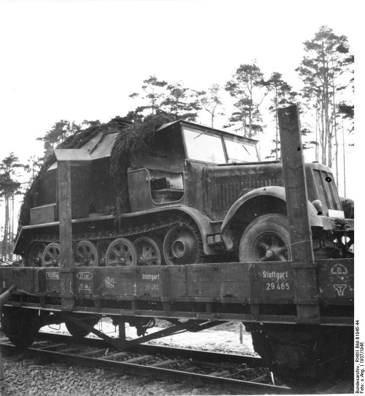 German SdKfz. 7 half-track vehicle on a rail car, Peenemünde, Germany, 1937