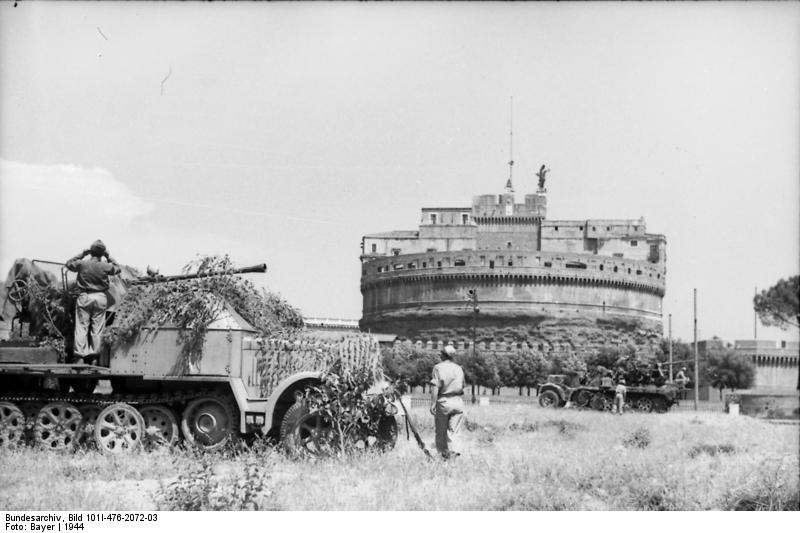 German SdKfz. 7 half-track vehicle with 3.7 cm gun in front of the Castel Sant'Angelo in Rome, Italy, 1944