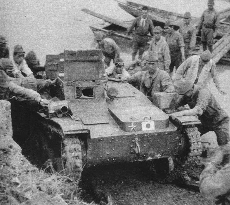 Type 94 Te-Ke tankette being unloaded onto dry land after crossing a river, China, late 1930s