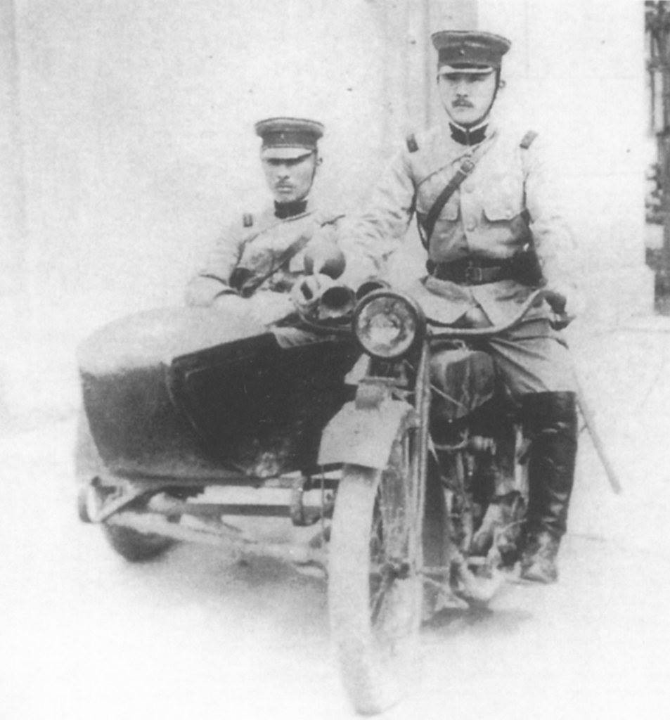 Japanese military policemen aboard a Type 97 motorcycle, date unknown