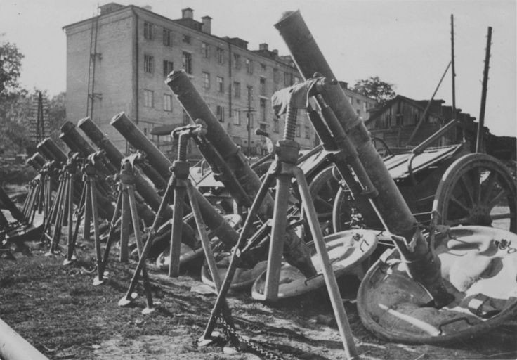 Captured Soviet 120-PM-38 mortars on display in Kharkov, Ukraine, 1940s