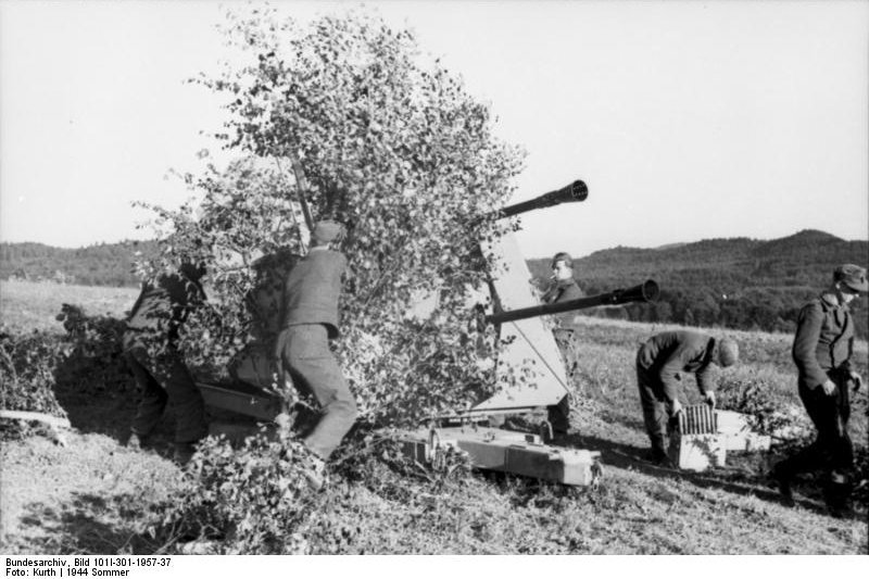 Camouflaged German 3.7 cm Flakzwilling 43 anti-aircraft mount, northern France, Jul-Sep 1943, photo 1 of 2