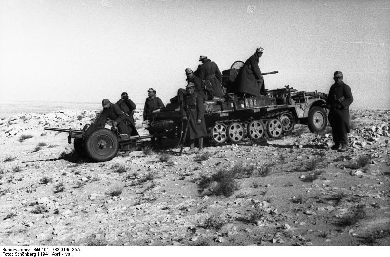 German troops with SdKfz 10 halftrack vehicle and 2-cm FlaK 38 gun, North Africa, Apr-May 1941