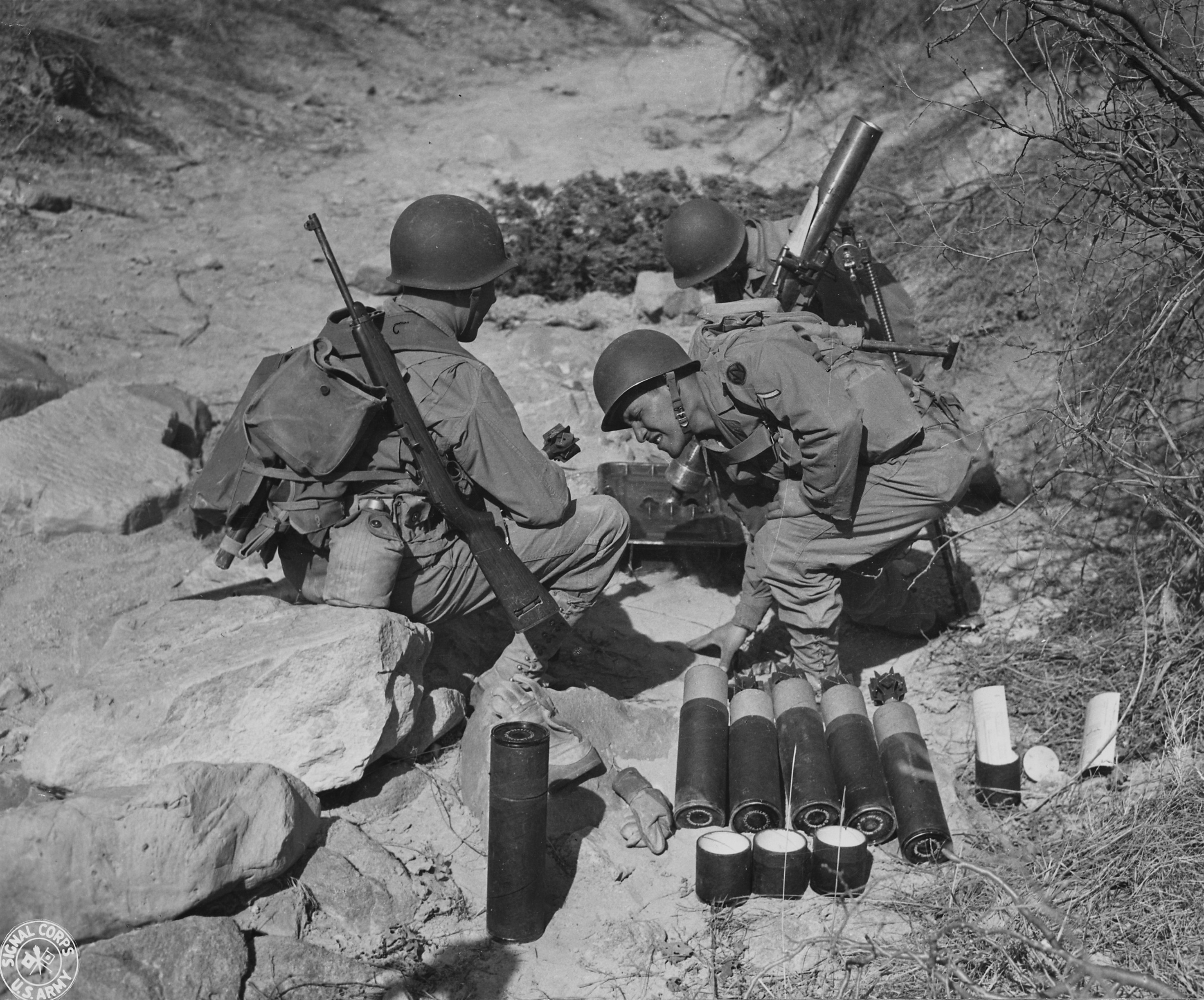 US Army troops training with 81mm M1 mortar, Camp Carson, Colorado, United States, 24 Apr 1943; note M1 Carbine
