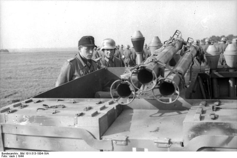 Captured British Universal Carrier pressed into German service to transport Panzerschreck and Panzerfaust weapons, Italy, 1944
