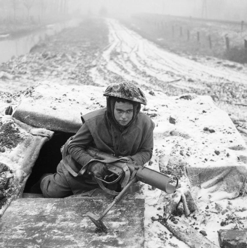PIAT gunner of 1st Battalion Rifle Brigade, British 7th Armoured Division, 28 Dec 1944